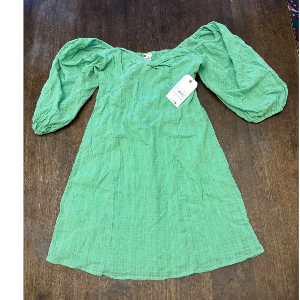 Billabong Sol Dress Green Puff Sleeve Mini Cotton Gauze ABJWD00708 Small 8